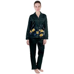 Simple Japanese Floral Dark Slate Gray Print Satin Long Sleeve Pyjamas Set by CoolDesigns