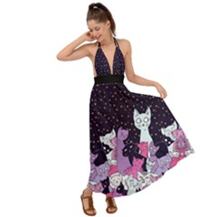 Cute Kitty Cats Dark Purple Kitten Print Backless Maxi Beach Dress