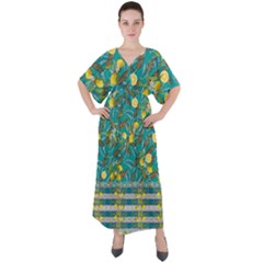 Dark Cyan Lemon Print Aztec V-neck Boho Style Maxi Dress by CoolDesigns
