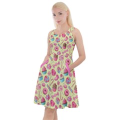 Yellow Lollipop Candy Macaroon Cupcake Donut Knee Length Skater Dress With Pockets by CoolDesigns