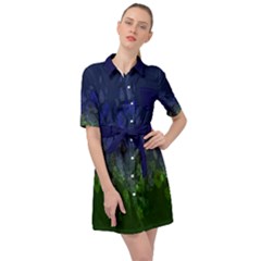 Blue & Green Floral Print Formal Belted Shirt Dress