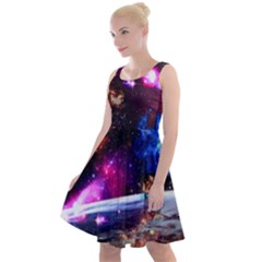 Colorful In Dark Magenta Fun Night Sky Moon & Stars Knee Length Skater Dress by CoolDesigns
