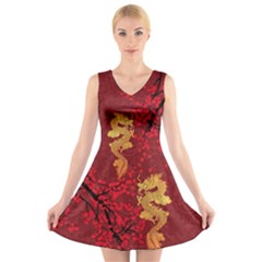 Vintage Dragon Red Chinese Luck Pattern V-neck Sleeveless Dress by CoolDesigns