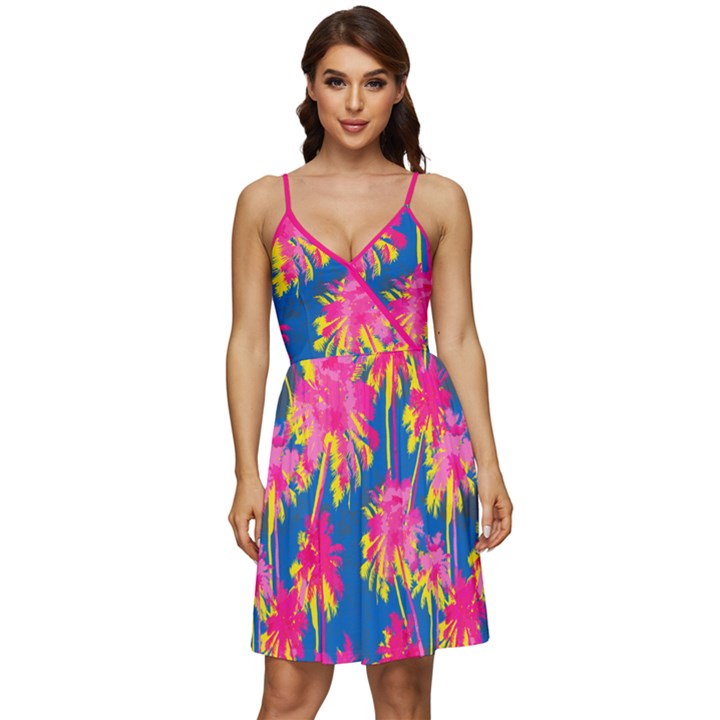 Hawaiian Palms Deep Pink V-Neck Pocket Summer Dress 