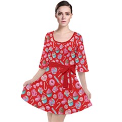 Red Yummy Colorful Sweet Lollipop Candy Macaroon Cupcake Donut Seamless Velour Kimono Dress  by CoolDesigns