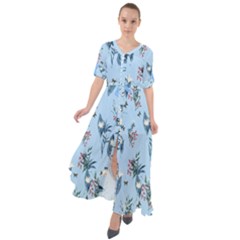 Summer Sky Blue Floral Flowy Waist Tie Boho Maxi Dress by CoolDesigns