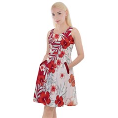 Floral Lilium Yin Yang Red & Ivory Knee Length Skater Dress With Pockets by CoolDesigns