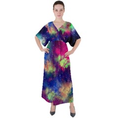 Colorful Space Black A Fun Night Sky The Moon And Stars V-neck Boho Style Maxi Dress by CoolDesigns