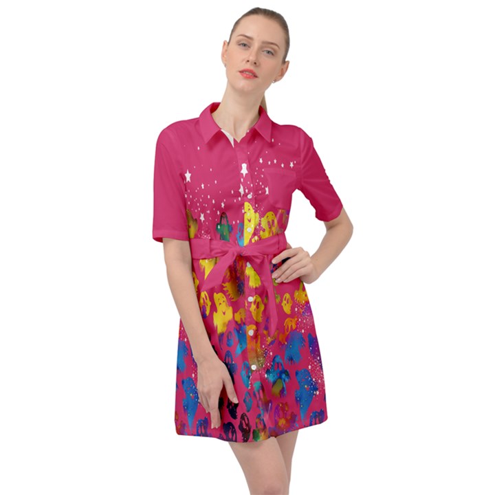 Cute Ghost Print Deep Pink & Colorful Belted Shirt Dress