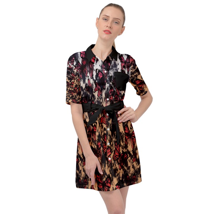 Red Butterfly Floral Belted Shirt Dress