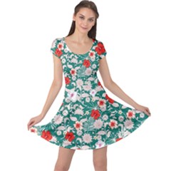 Hawaii Hibiscus Tropical Flowers Floral Leaves Cadet Blue Cap Sleeve Dress by CoolDesigns