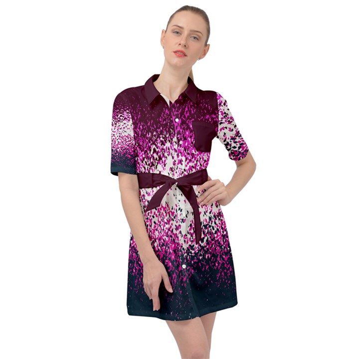 Wine Butterfly Floral Belted Shirt Dress