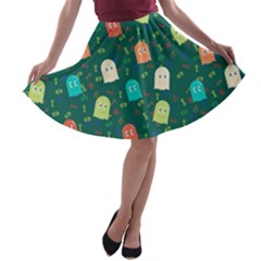 Game Console Sea Green Monster Print A-line Skater Skirt by CoolDesigns
