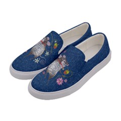 Adorable Mice Mouse Dark Navy Jeans Floral Print Womens Slip Ons by CoolDesigns