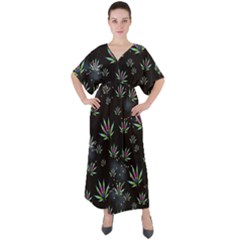 Marijuana Vintage Black Marijuana Leaves V-neck Boho Style Maxi Dress by CoolDesigns