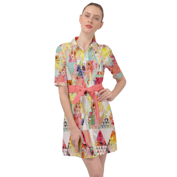 Forest Floral Peach Triangle Print Belted Shirt Dress