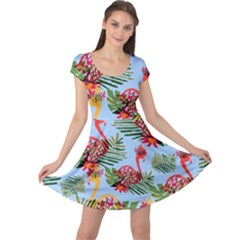 Flamingo Summer Tropical Sky Blue Cap Sleeve Dress by CoolDesigns