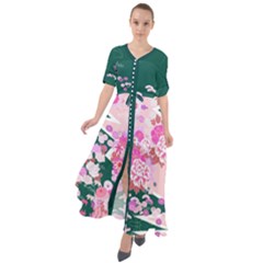 Blossom Dark Cyan Japanese Style Cherry Blossom Waist Tie Boho Maxi Dress by CoolDesigns