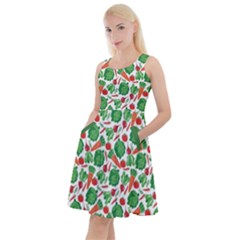 Green & White Vegetable Pattern Knee Length Skater Dress With Pockets by CoolDesigns
