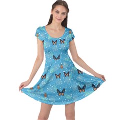Butterfly Flowers Sky Blue Cap Sleeve Dress
