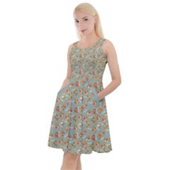 Brown Retro Pattern With Detailed Slices Of Pizza Knee Length Skater Dress With Pockets by CoolDesigns