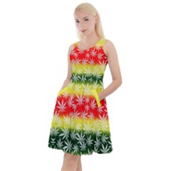 Cannabis Original Green Marijuana Leaves Yellow Knee Length Skater Dress With Pockets by CoolDesigns