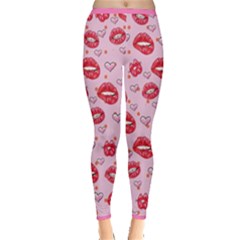 Kiss Lips Pink With Hearts Print Inside Out Leggings by CoolDesigns