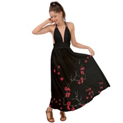 Blossom Flowers Black Simple Print Backless Maxi Beach Dress by CoolDesigns