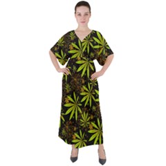 Black Marijuana World Green Yellow Marijuana Badges With Marijuana Leaves V-neck Boho Style Maxi Dress by CoolDesigns