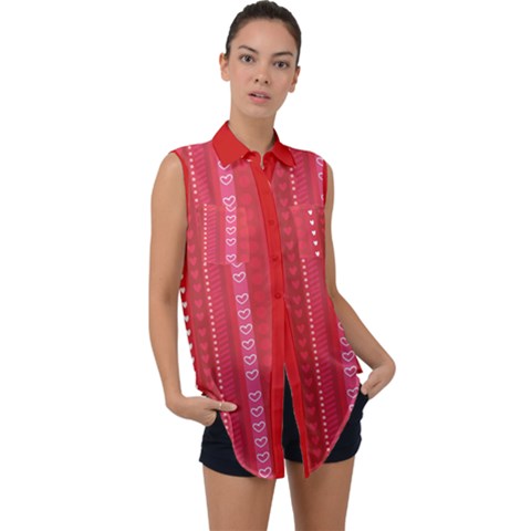 Crimson Red Stripes Lines Hearts Pattern Sleeveless Chiffon Button Shirt by CoolDesigns