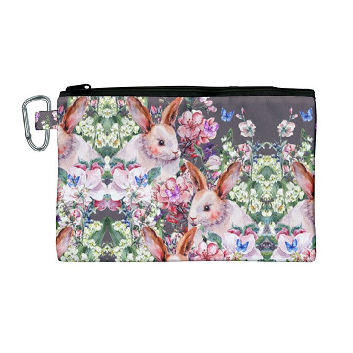 Vintage Flowers Rabbits Gray Canvas Cosmetic Bag