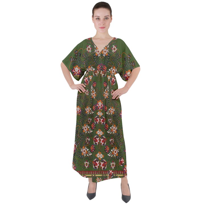 Vintage Patchwork Dark Olive Green Autumn Leaves V-Neck Boho Style Maxi Dress