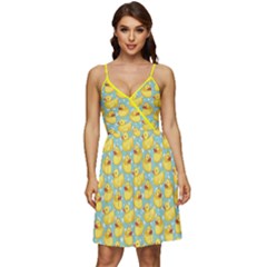 Yellow & Teal Pattern Ducks V-neck Pocket Summer Dress  by CoolDesigns
