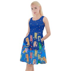 Kitty Cats Blue Hearts Print Knee Length Skater Dress With Pockets by CoolDesigns