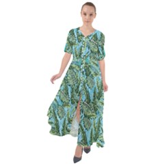 Summer Hawaii Palm Leaves Aqua Waist Tie Boho Maxi Dress by CoolDesigns