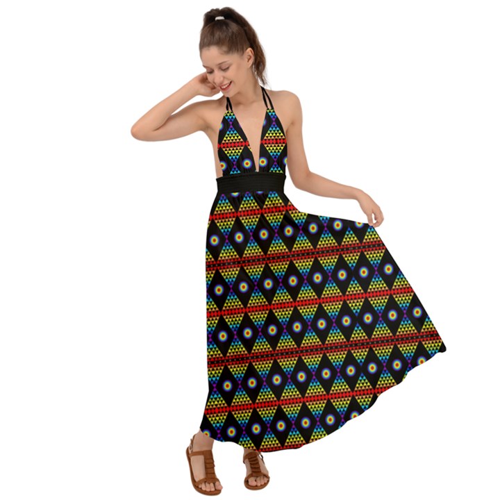 Native Aztec Prints Dark Colorful Backless Maxi Beach Dress