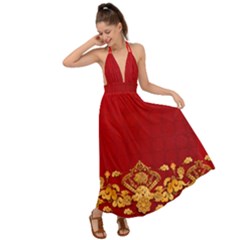 Gold Lucky Pig Red Coins Backless Maxi Beach Dress by CoolDesigns
