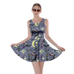 Blue Cute Pattern Night Life Cats And Bats Skater Dress by CoolDesigns