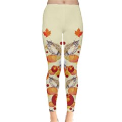 Light Yellow Autumn Maple Leaves Cute Owls Leggings  by CoolDesigns
