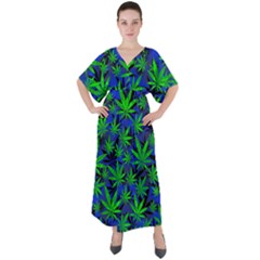 Marijuana Blue Green Marijuana Badges With Marijuana Leaves V-neck Boho Style Maxi Dress by CoolDesigns