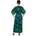 Marijuana Blue Green Marijuana Badges with Marijuana Leaves V-Neck Boho Style Maxi Dress View2