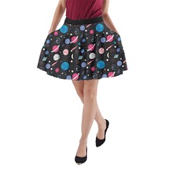 Space Galaxy Dim Gray Planet Pattern A-line Skirt With Pockets by CoolDesigns