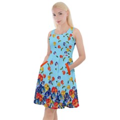 Bright Poppy Flower Sky Blue Knee Length Skater Dress With Pockets by CoolDesigns