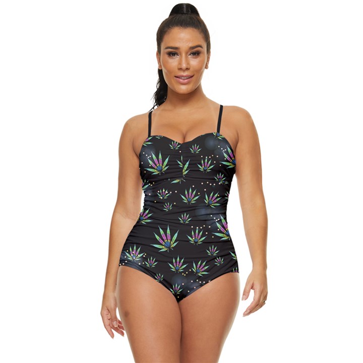 Cannabis Gray Black & Teal Marijuana Retro Full Coverage Swimsuit