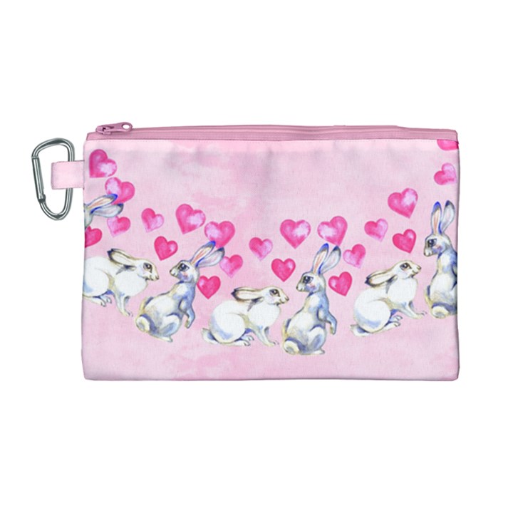 Cute Rabbit with Hearts Pink Canvas Cosmetic Bag