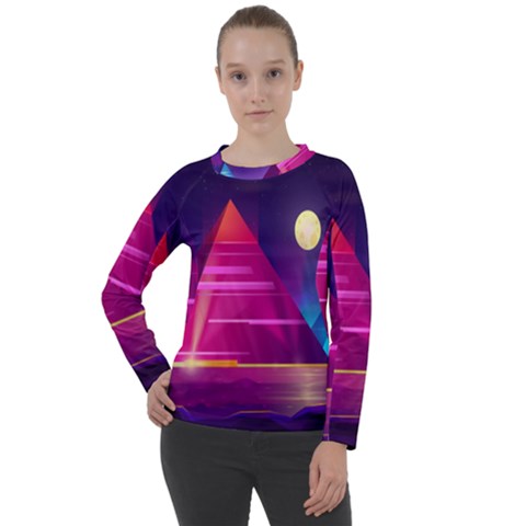 Egyptian Pyramids Night Landscape Cartoon Art Women s Long Sleeve Raglan T-shirt by Bedest