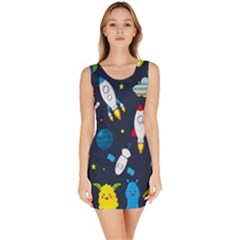 Big Set Cute Astronauts Space Planets Stars Aliens Rockets Ufo Constellations Satellite Moon Rover V Bodycon Dress by Bedest