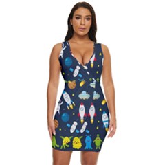 Big Set Cute Astronauts Space Planets Stars Aliens Rockets Ufo Constellations Satellite Moon Rover V Draped Bodycon Dress by Bedest