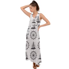 Marine Nautical Seamless Pattern With Vintage Lighthouse Wheel V-neck Chiffon Maxi Dress by Bedest