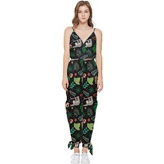 Floral Pattern With Plants Sloth Flowers Black Backdrop Sleeveless Tie Ankle Chiffon Jumpsuit